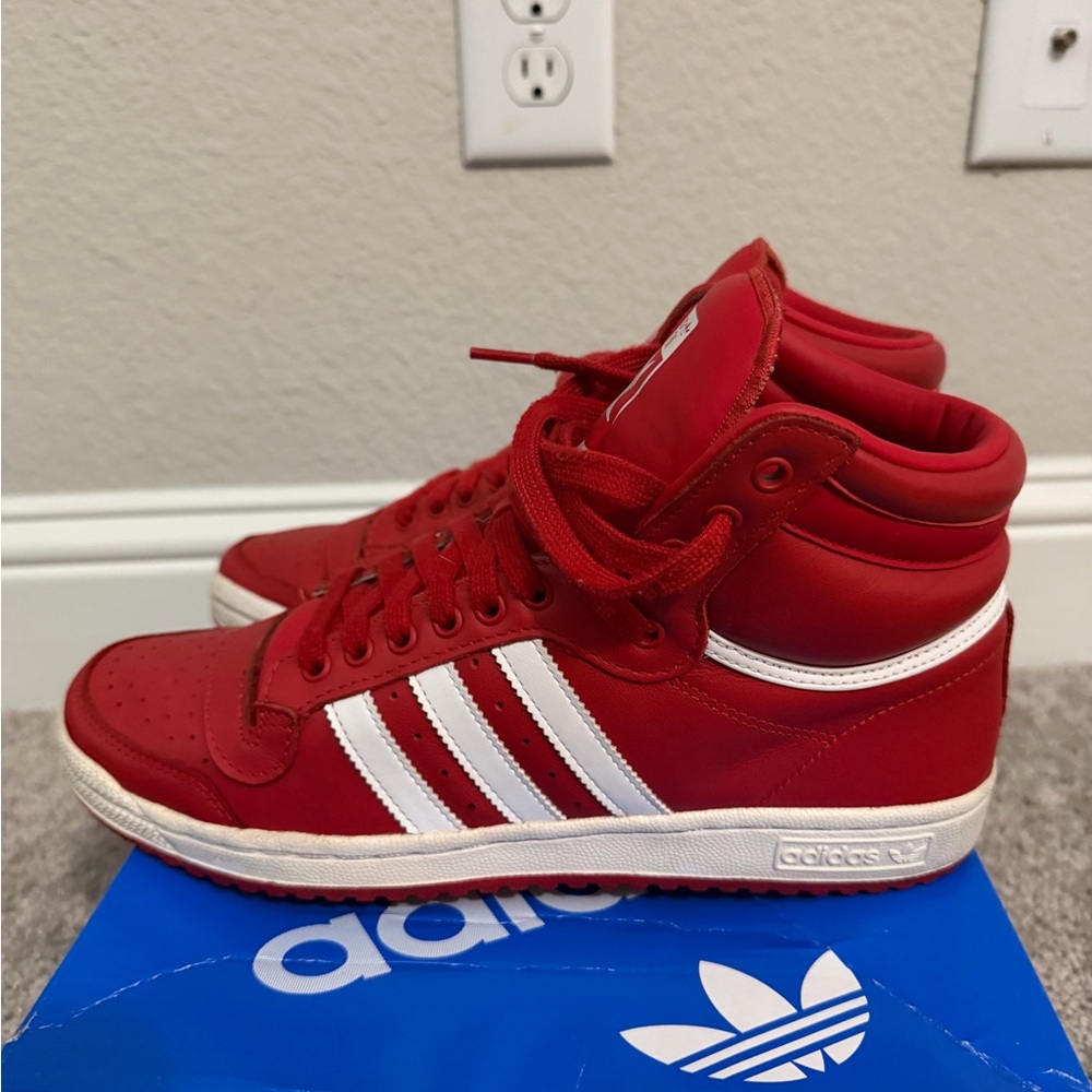 adidas Red Top Ten High-Top Sneakers with White Stripes and Sole